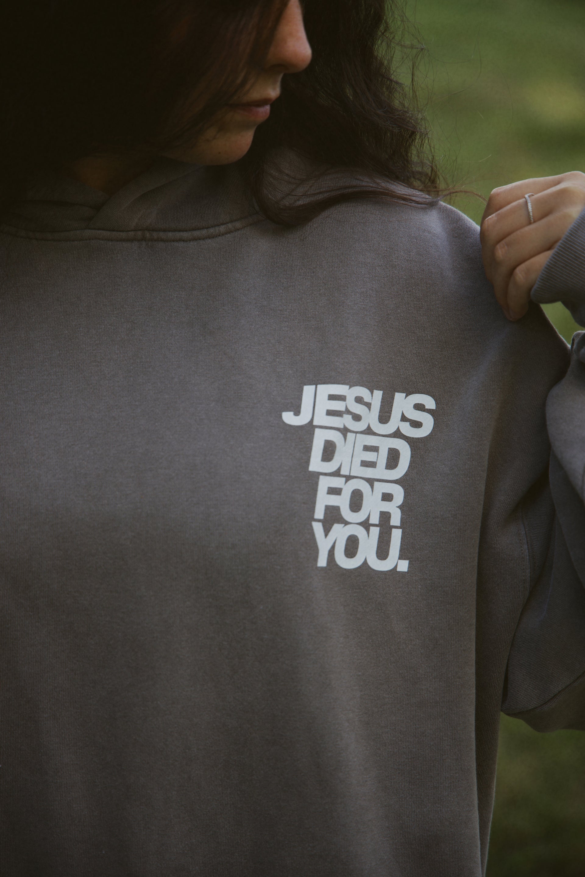 Jesus Died for You Hoodie gray front detail