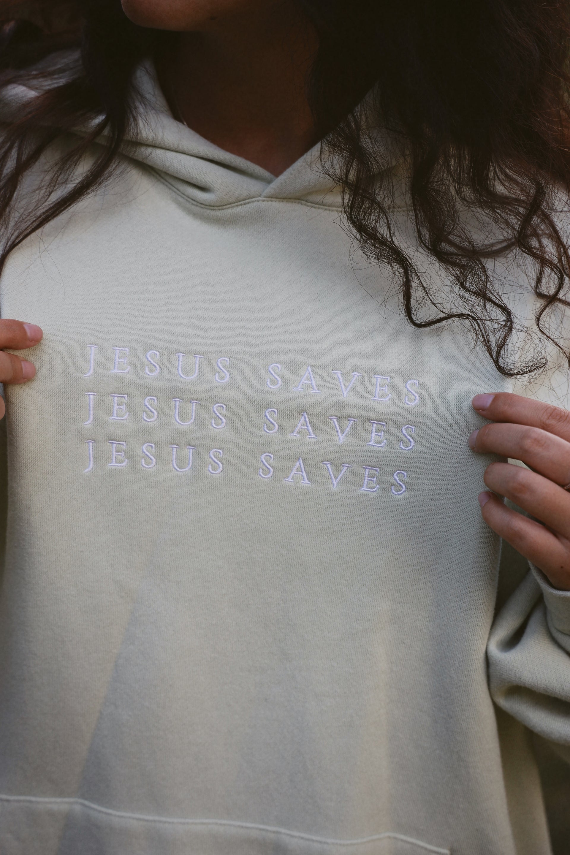 JESUS SAVES HOODIE green front embroidery detail repeat 3x