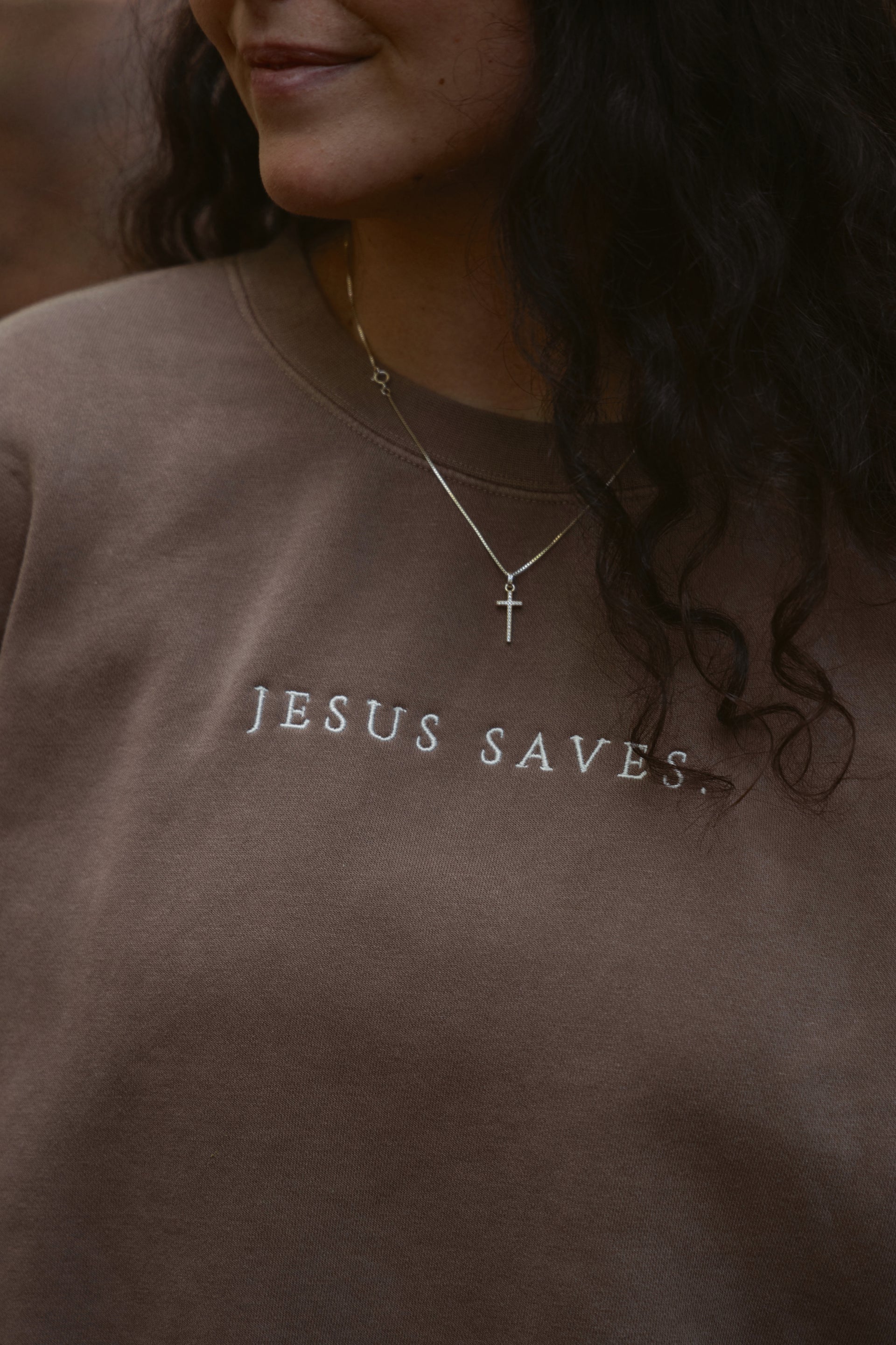 JESUS SAVES SWEATSHIRT brown front embroidery detail 