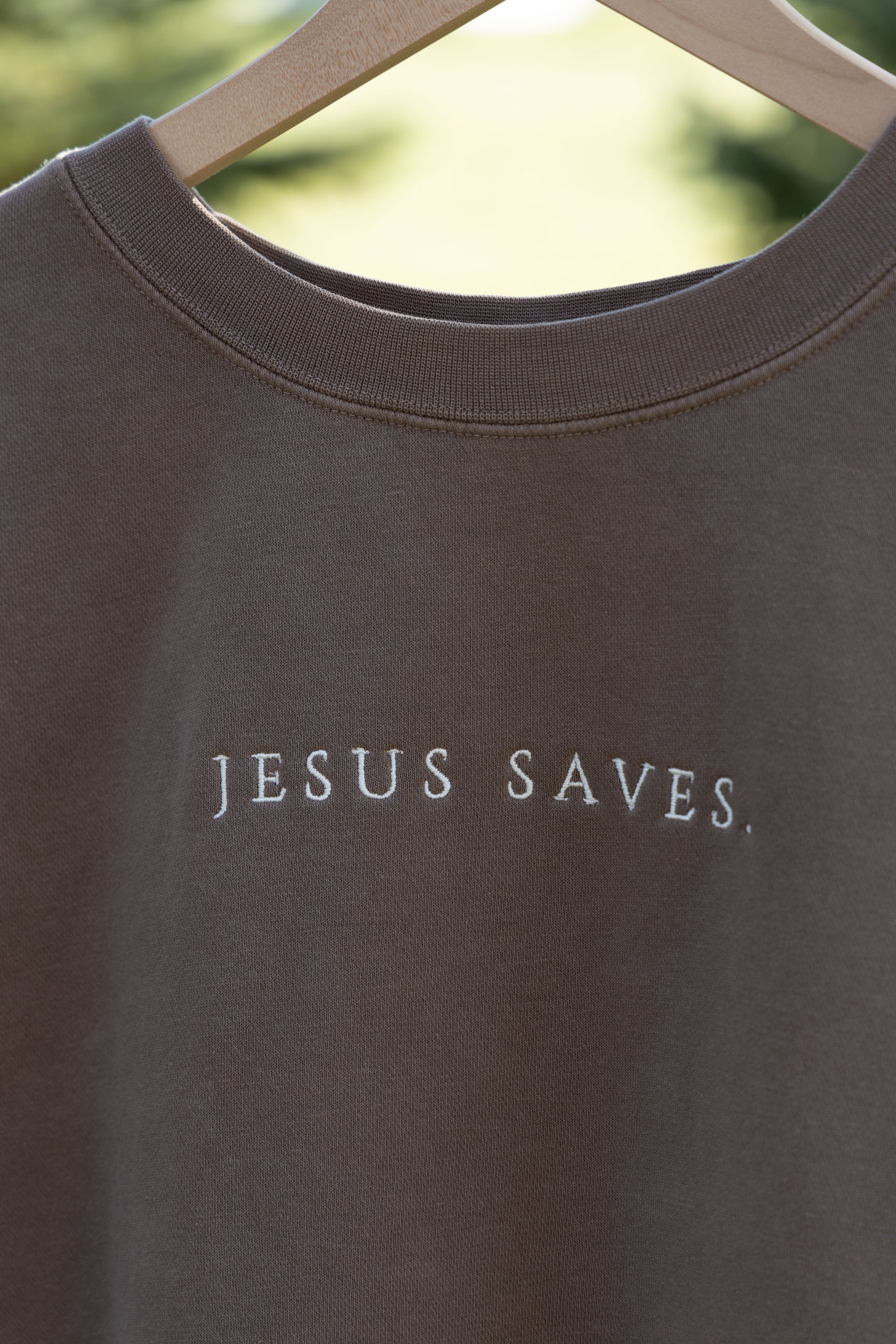JESUS SAVES SWEATSHIRT brown front embroidery detail 