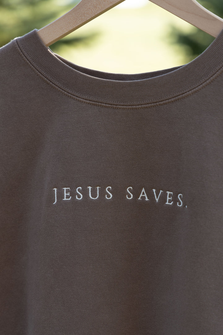 JESUS SAVES SWEATSHIRT brown front embroidery detail 