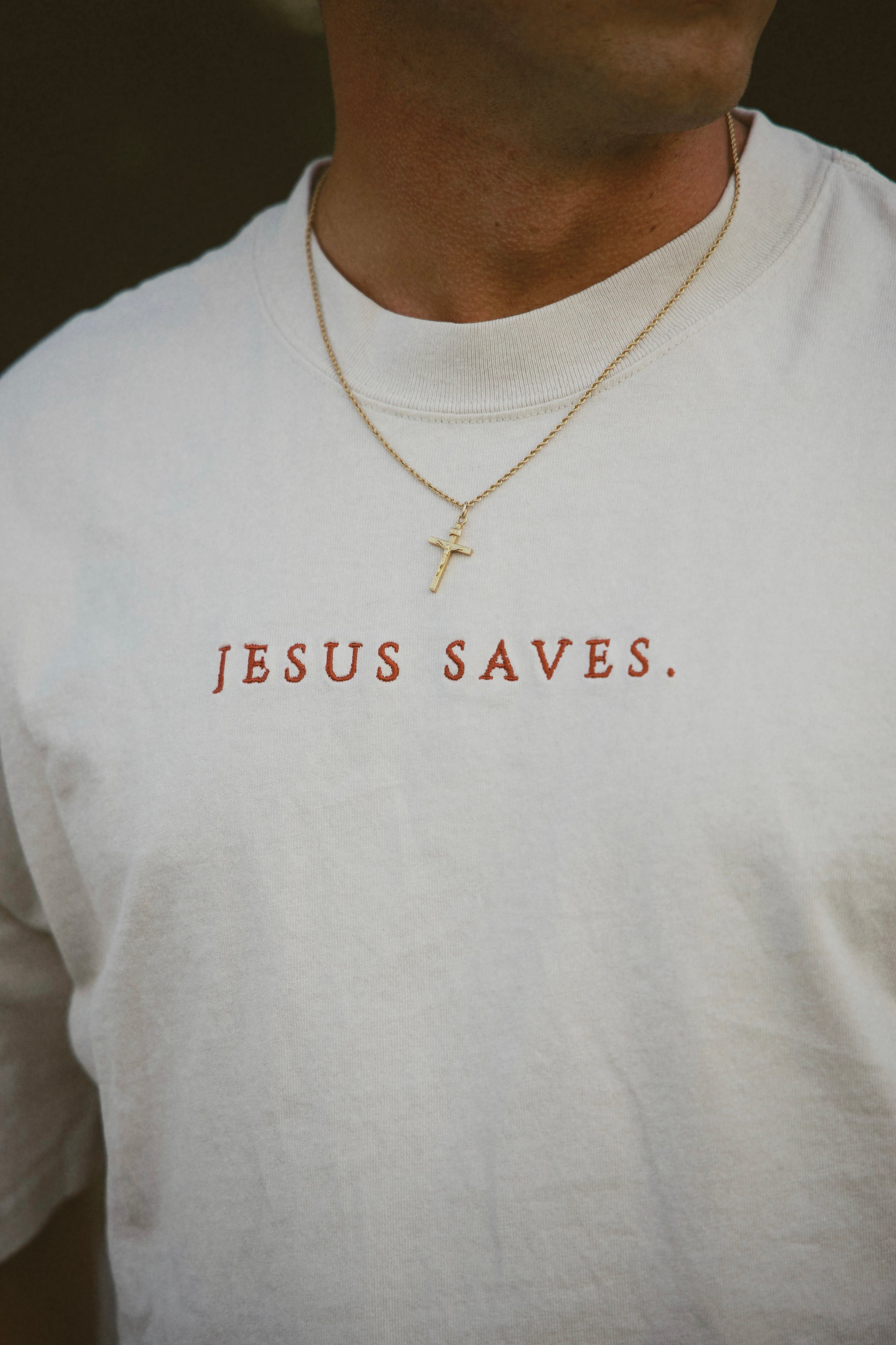 JESUS SAVES TEE front embroidery detail