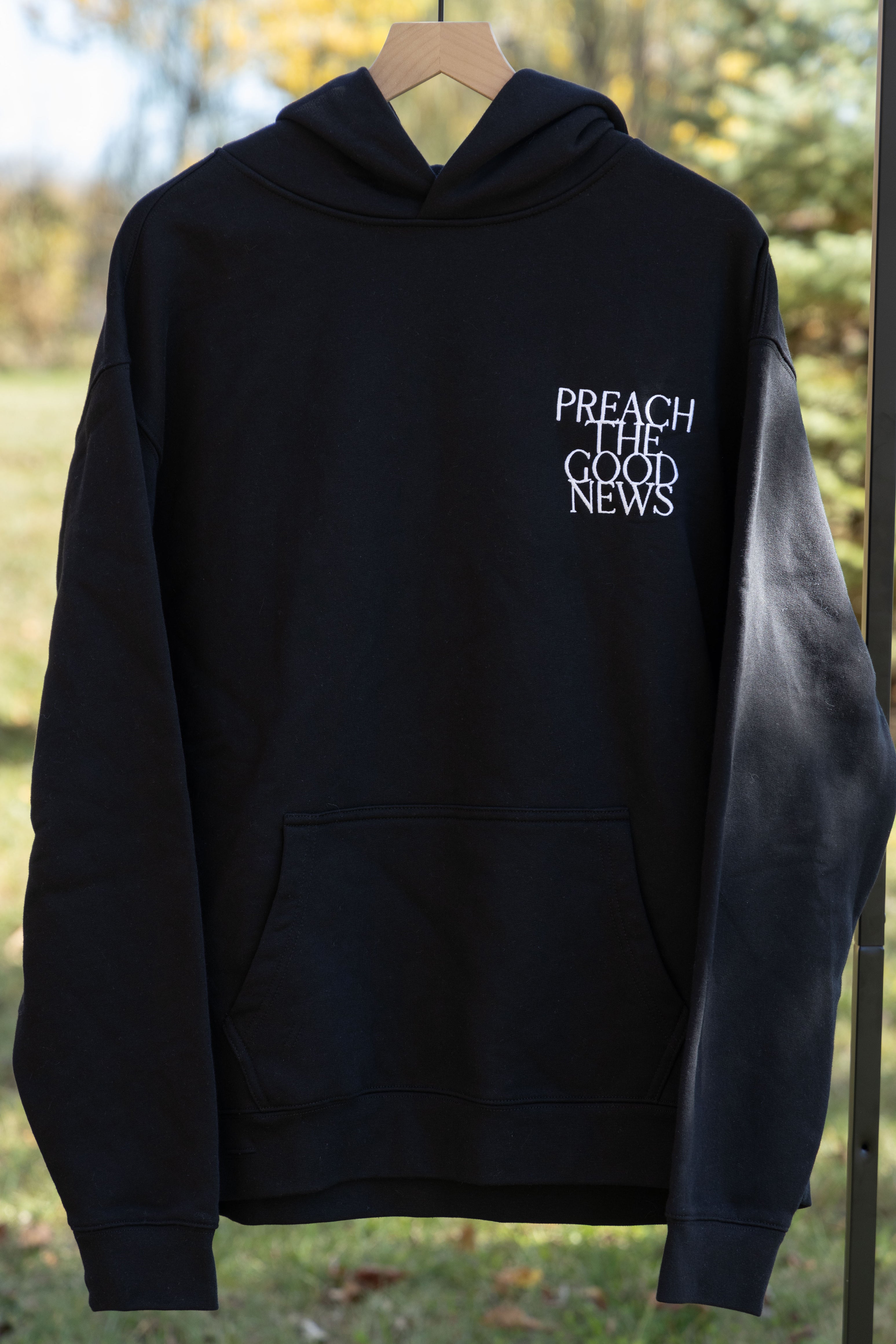 preach the good news hoodie black front
