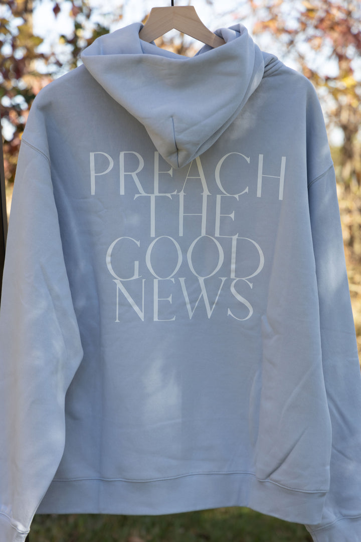 preach the good news hoodie blue back print 