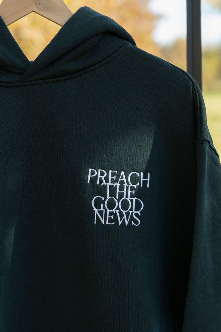 preach the good news hoodie green front embroidery detail