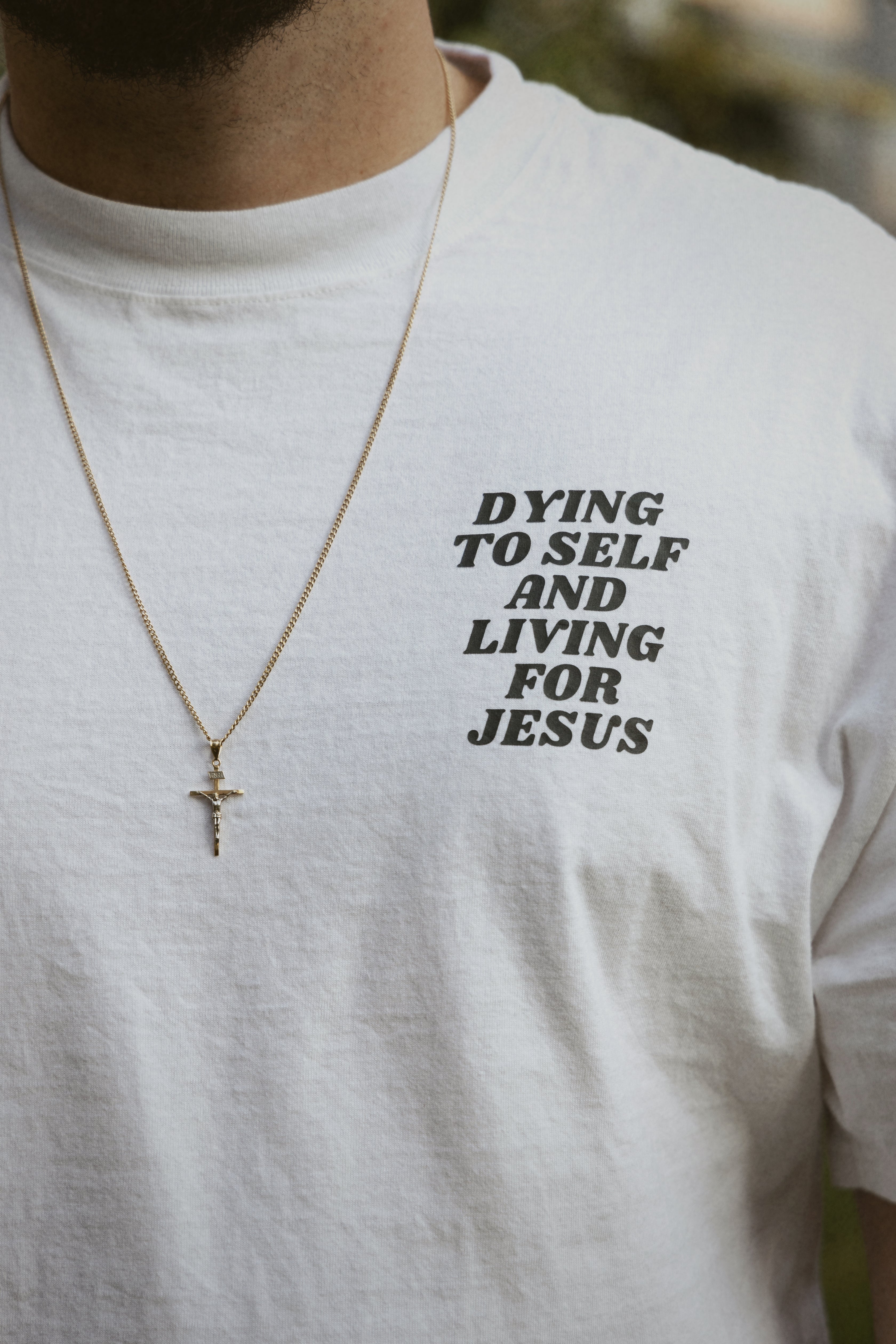 TAKE UP YOUR CROSS TEE white front detail