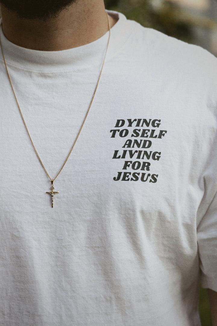 TAKE UP YOUR CROSS TEE white front detail