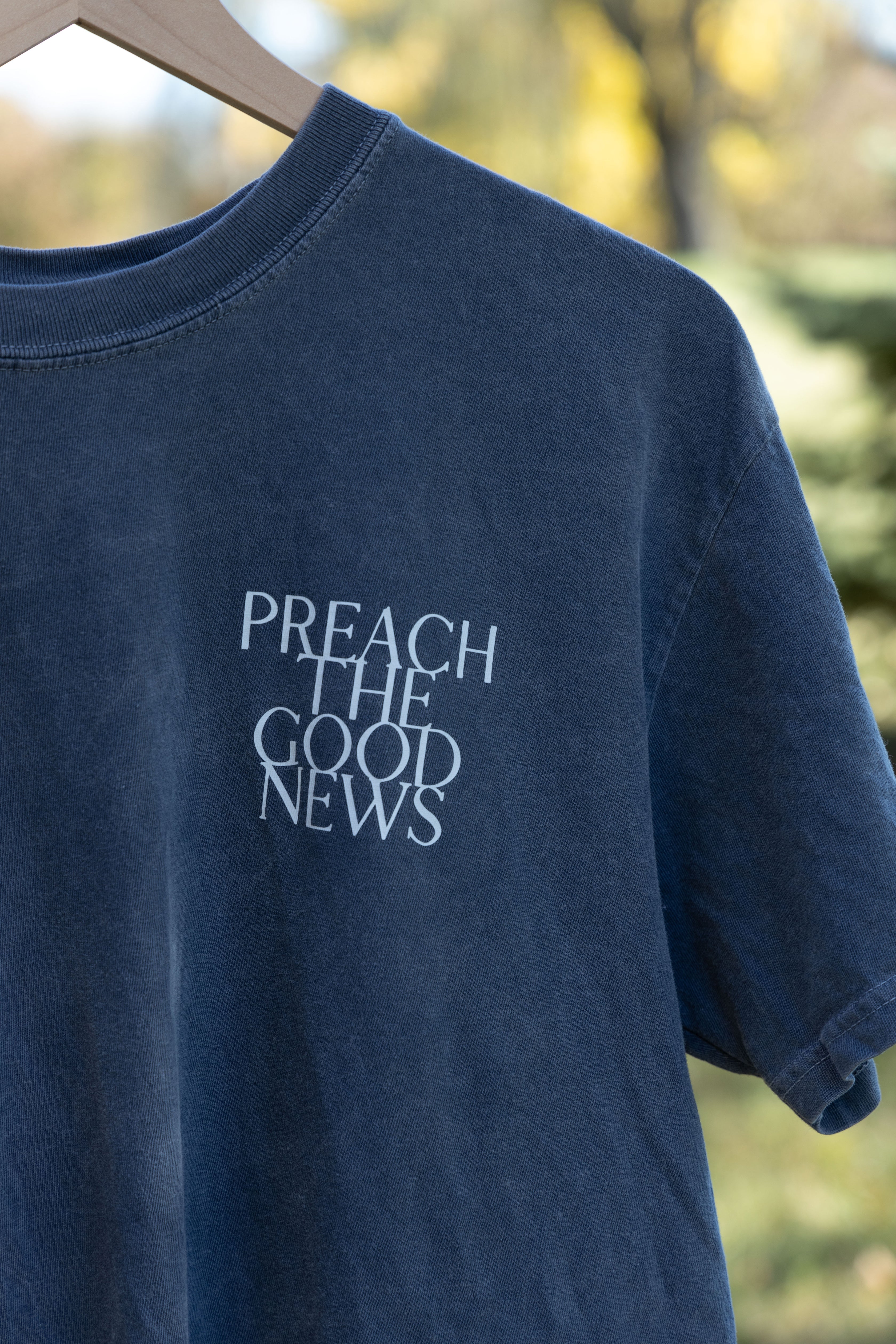 PREACH THE GOOD NEWS TEE blue front detail