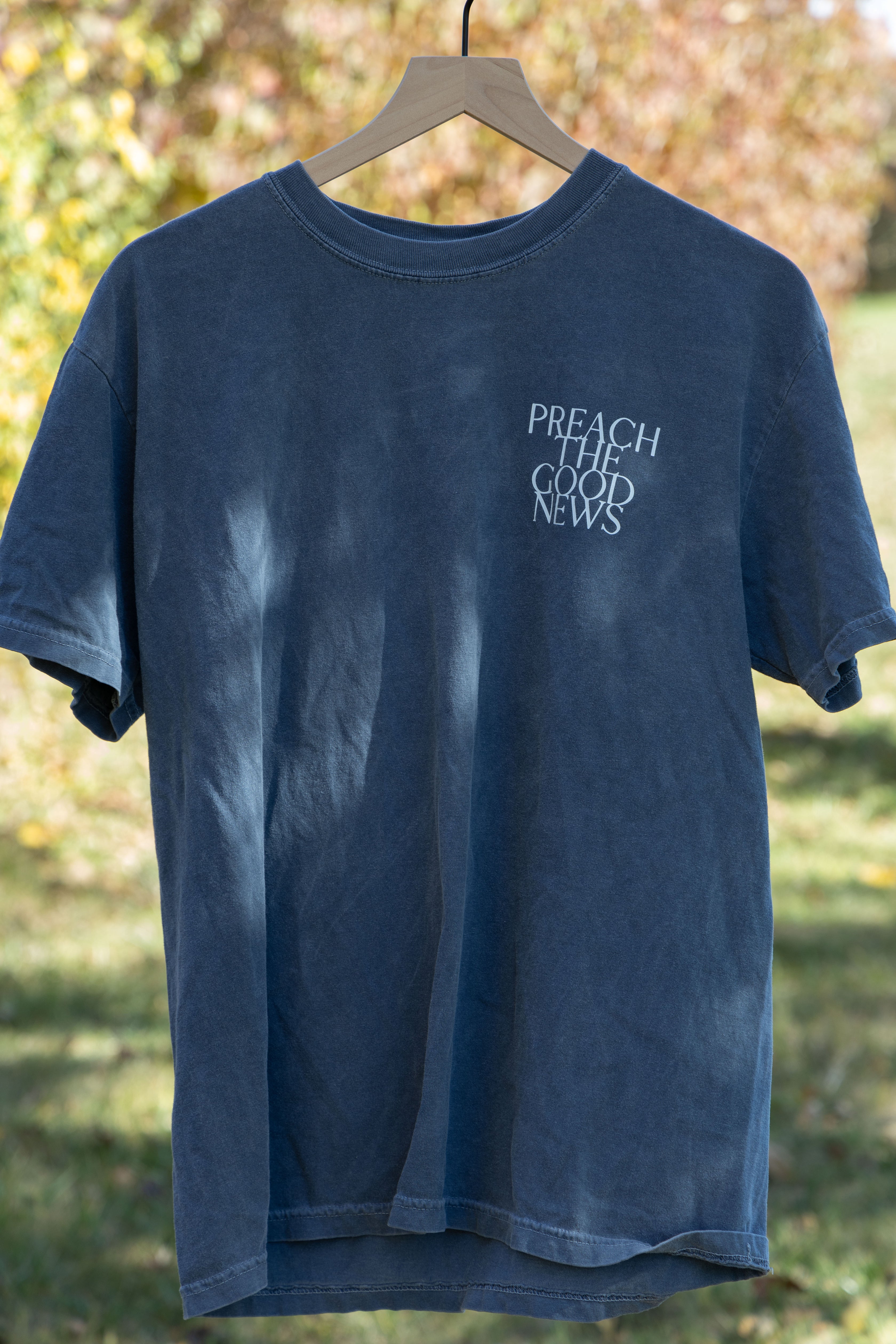 PREACH THE GOOD NEWS TEE blue front full