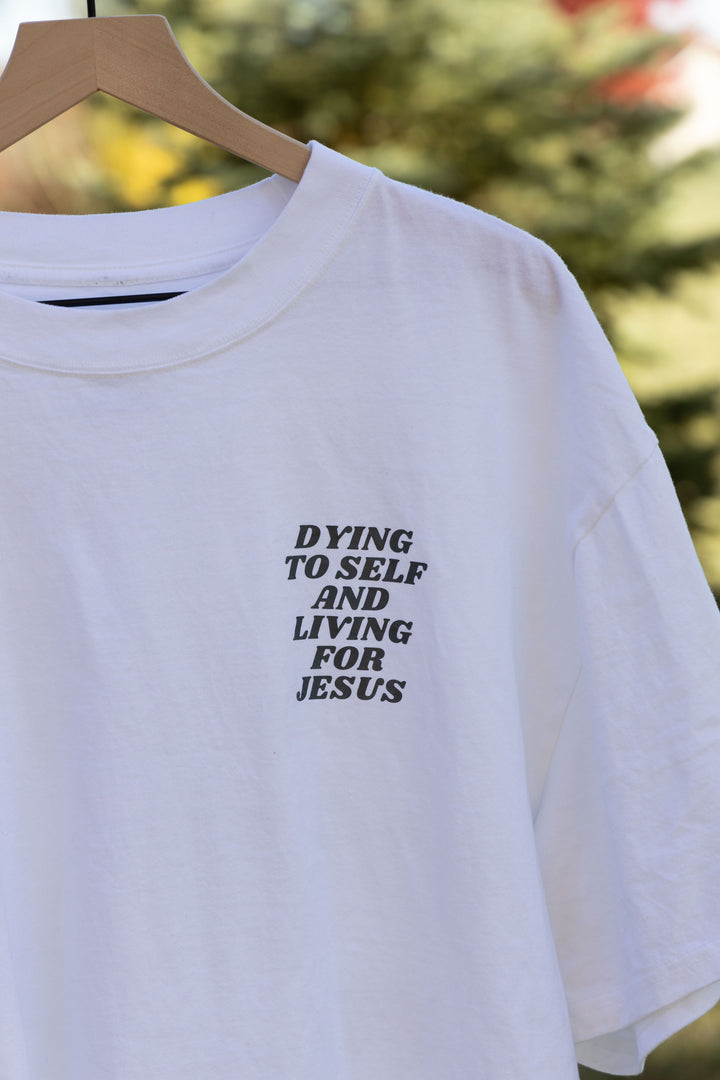TAKE UP YOUR CROSS TEE white front detail