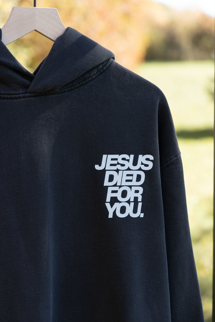 Jesus Died for You Hoodie black front detail 