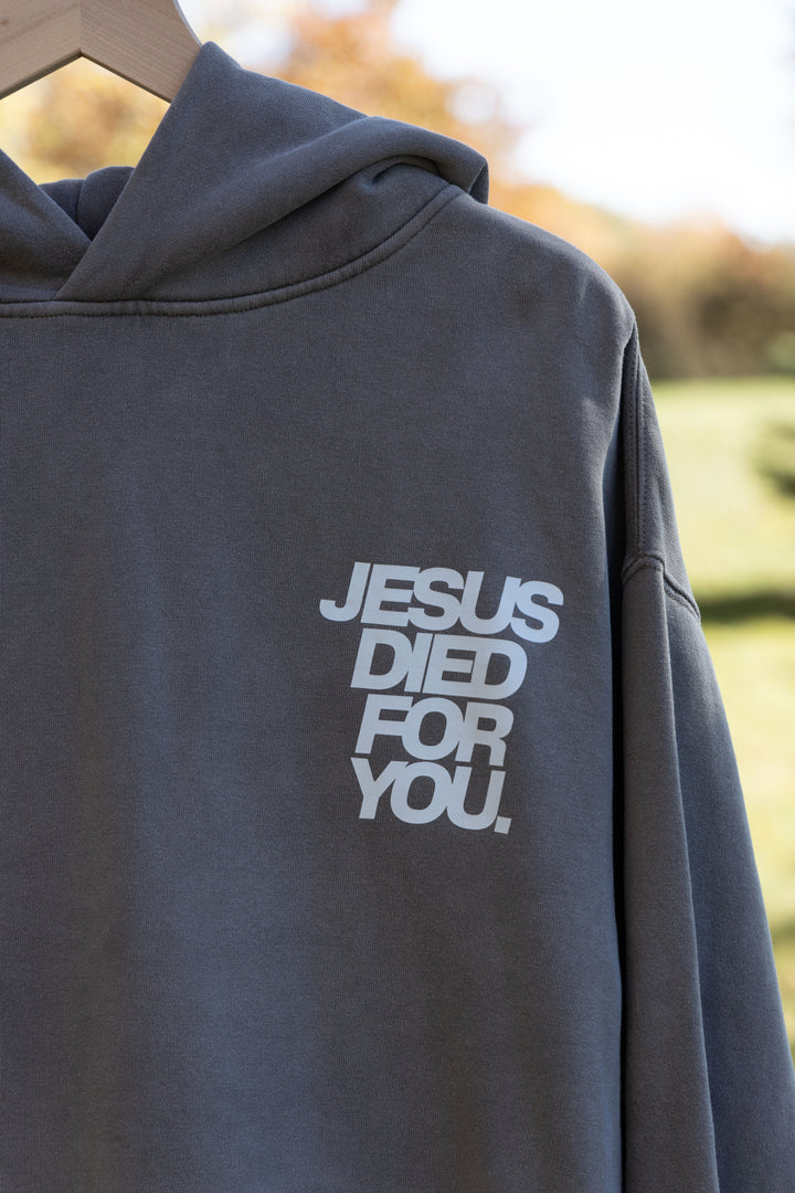Jesus Died for You Hoodie gray front detail