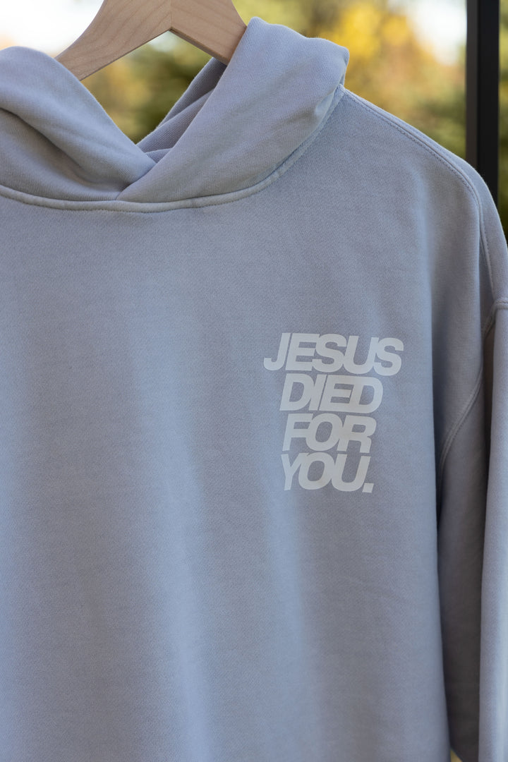 Jesus Died for You Hoodie blue front detail