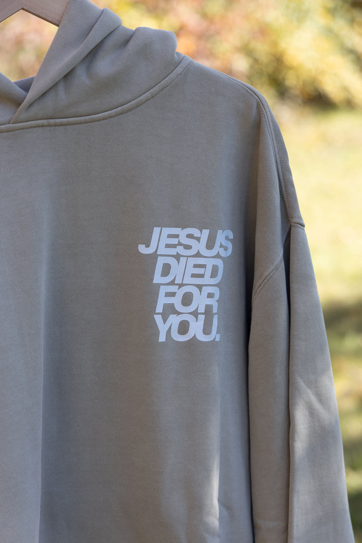 Jesus Died for You Hoodie taupe front detail