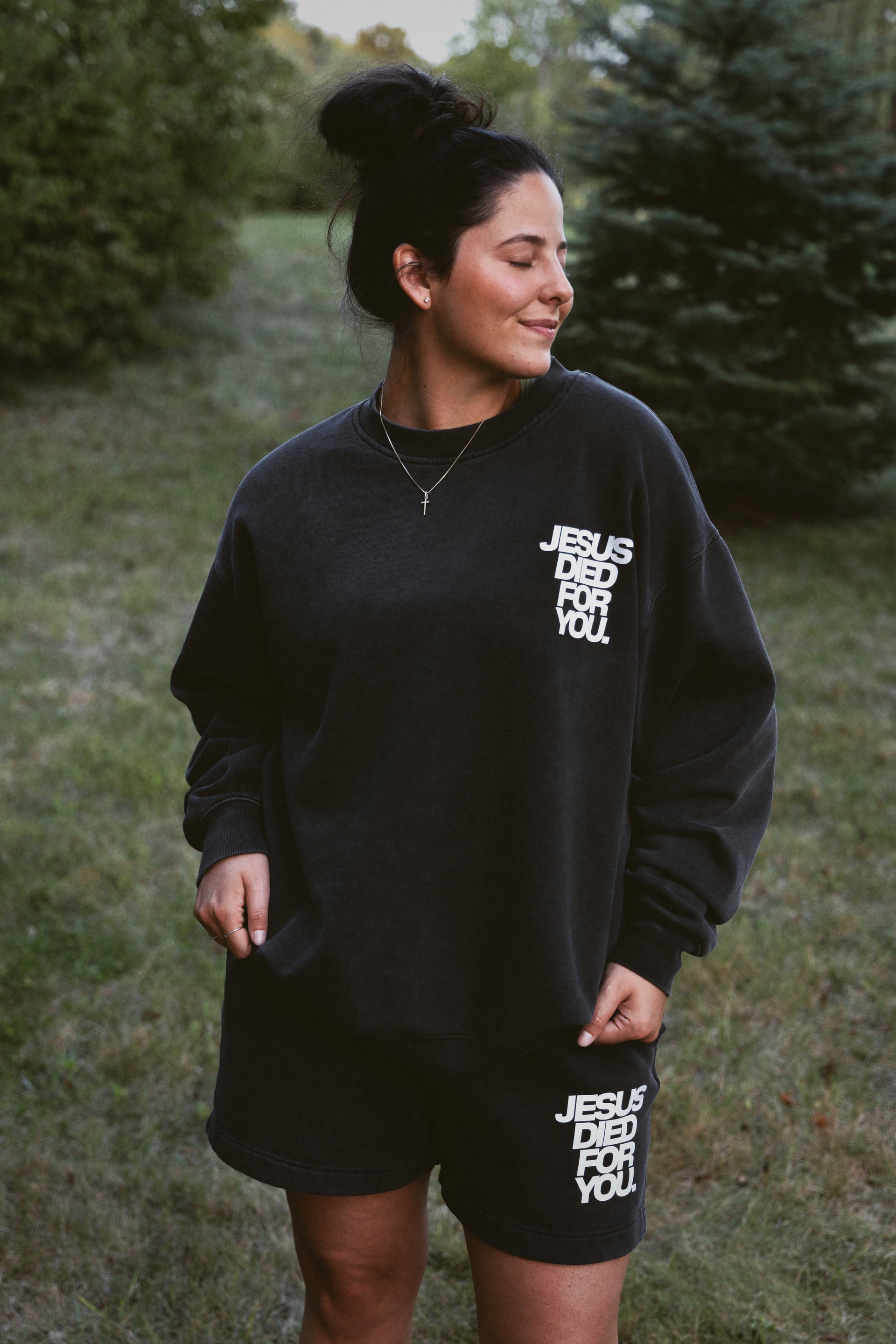 Jesus Died for You front sweatshirt shown with matching shorts