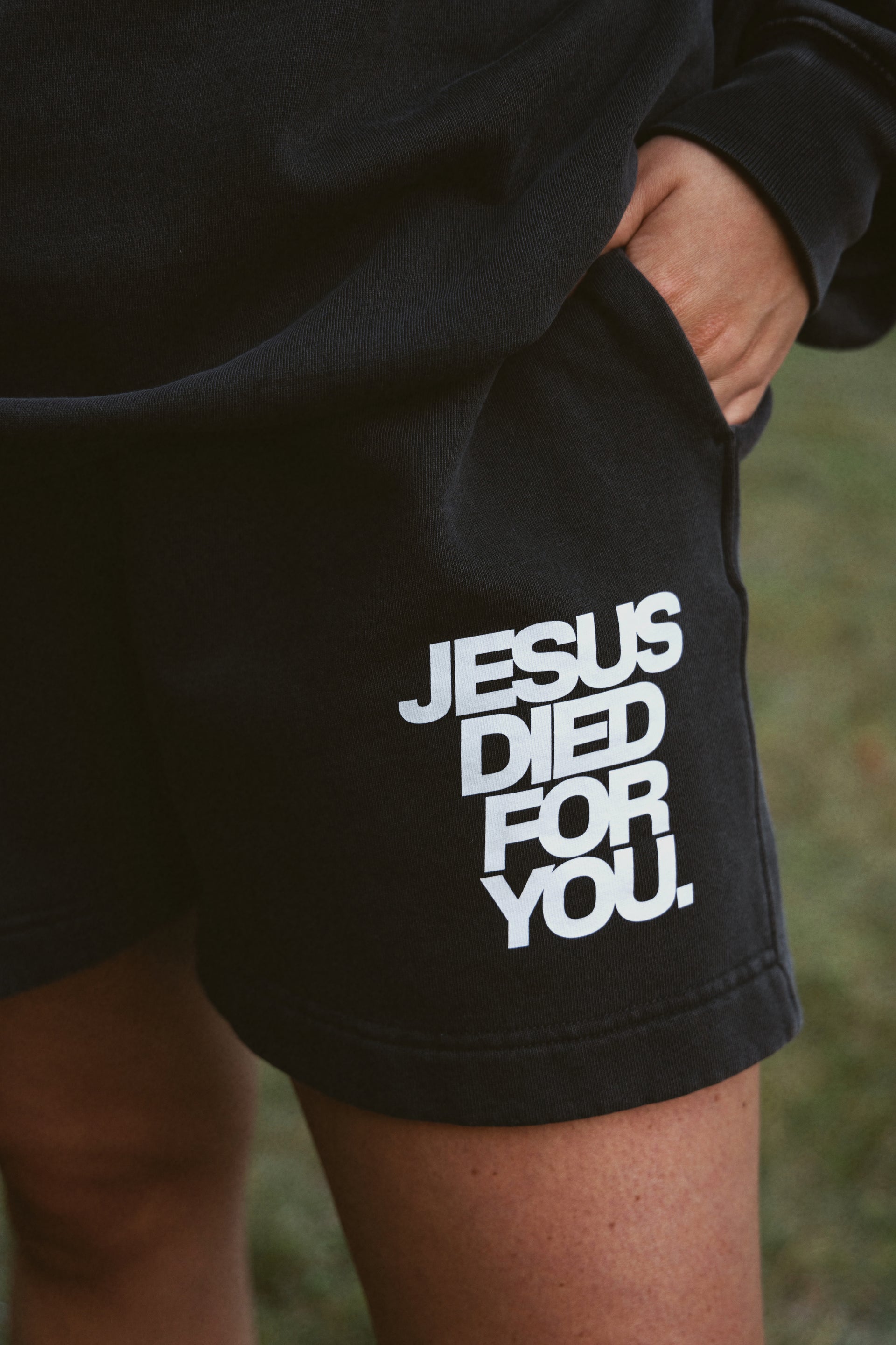 Jesus died for you short front detail