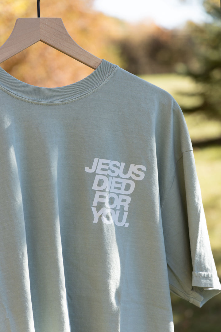 JESUS DIED FOR YOU TEE light green front detail