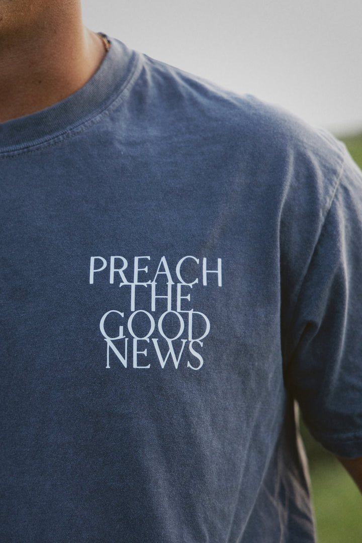 PREACH THE GOOD NEWS TEE blue front print detail