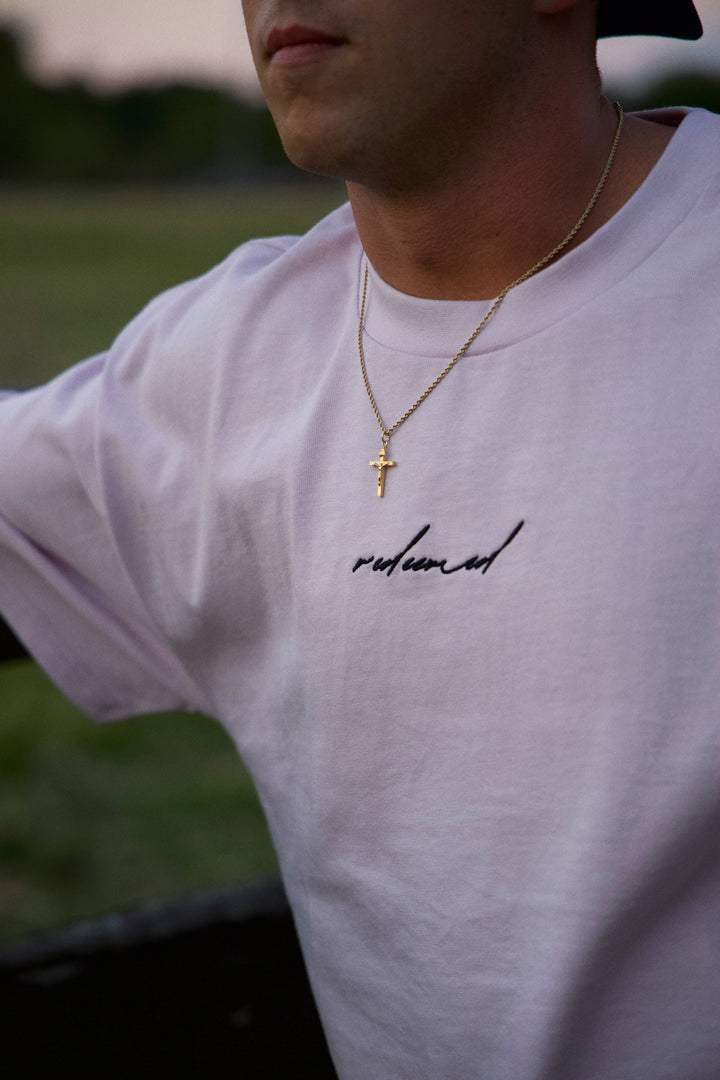 REDEEMED TEE purple front embroidery detail