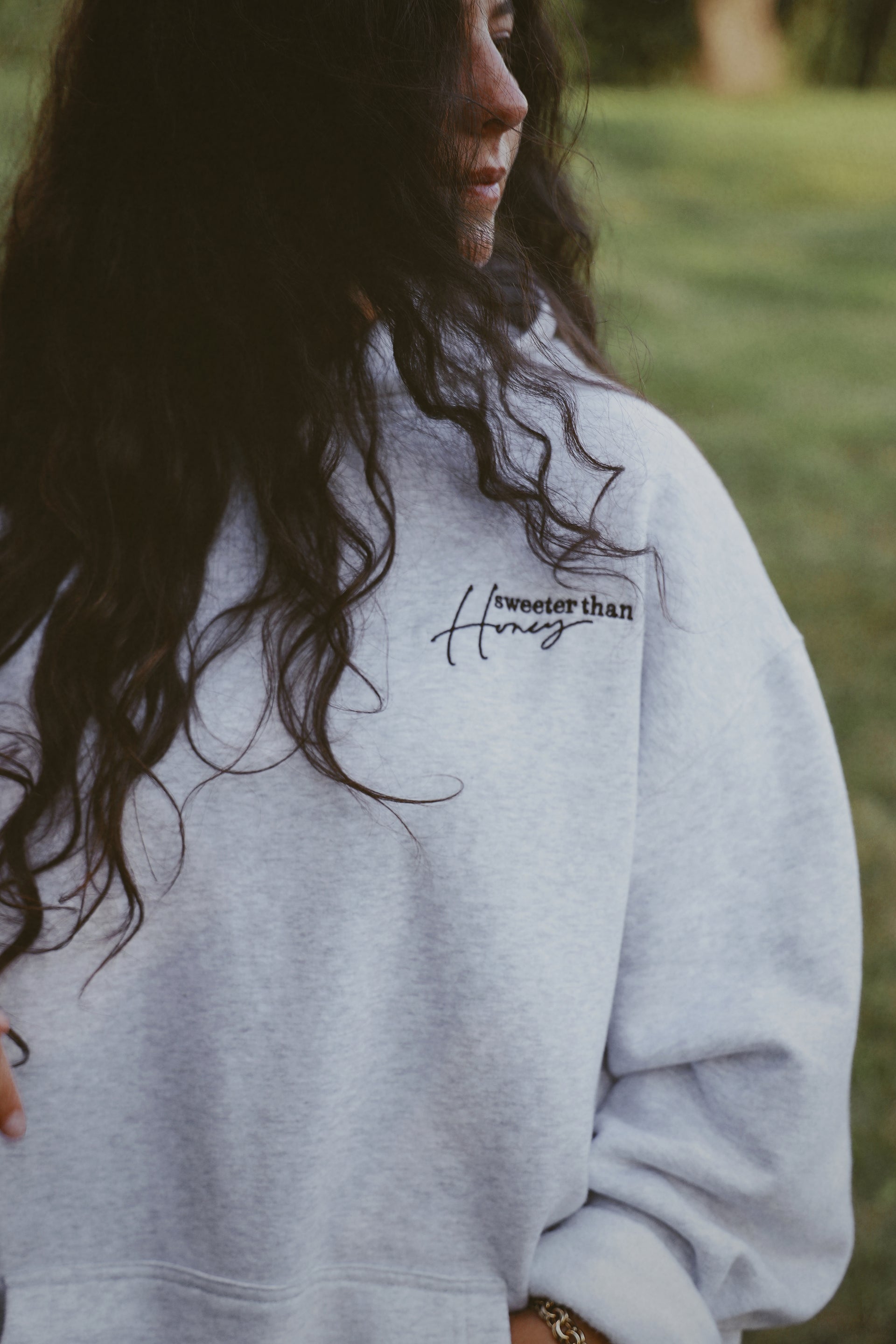 SWEETER THAN HONEY HOODIE gray front embroidery detail