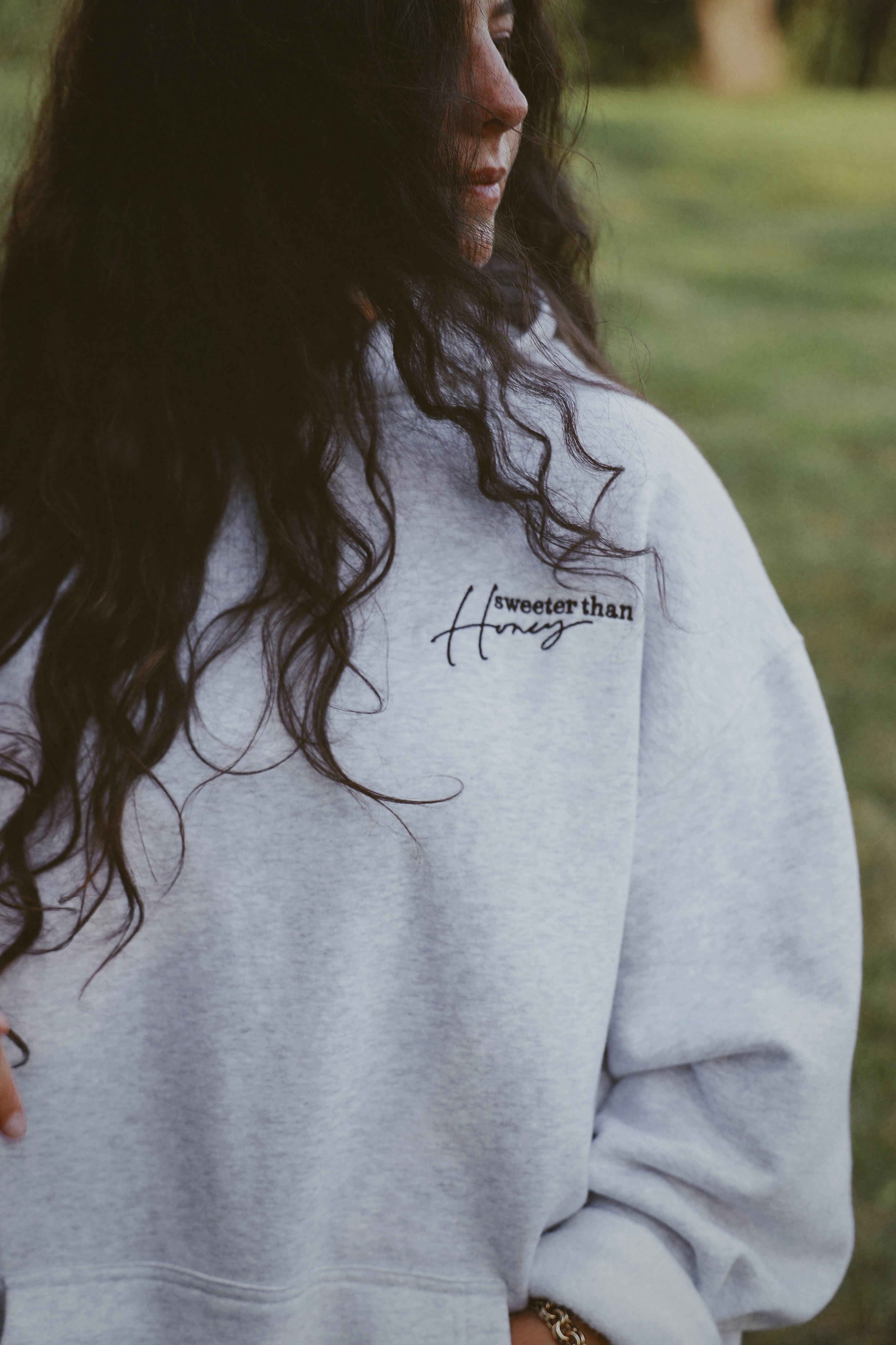 SWEETER THAN HONEY HOODIE gray front embroidery detail