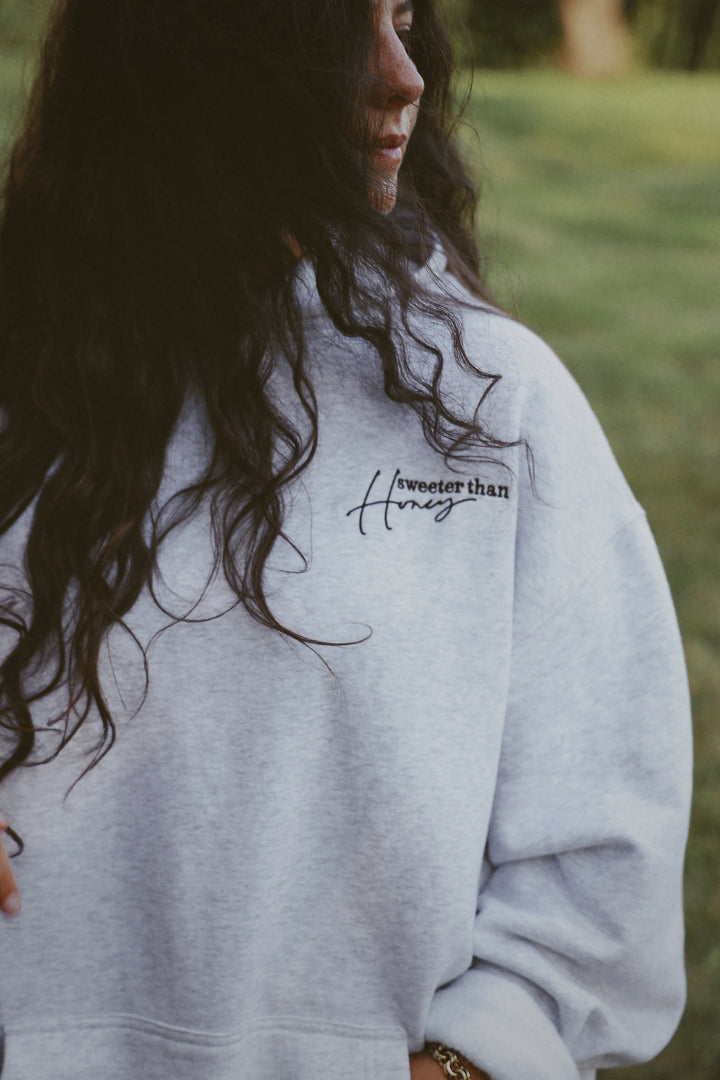 SWEETER THAN HONEY HOODIE gray front embroidery detail