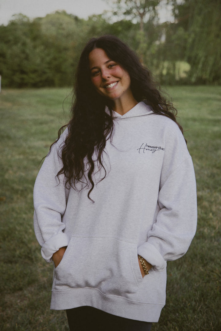 SWEETER THAN HONEY HOODIE gray front 